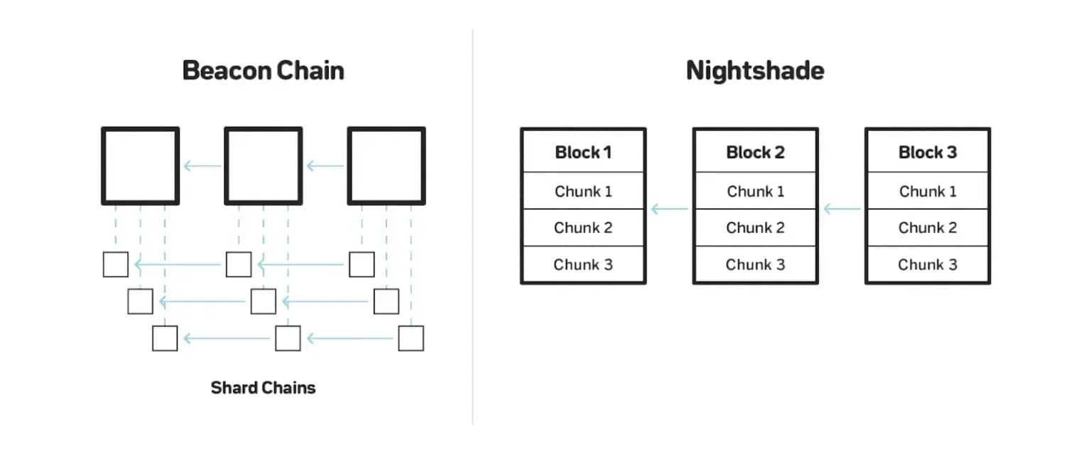 A representation with chunked blockchains on the right and shard chains on the left